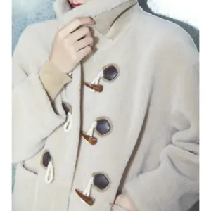 Office Ladies Winter Clothing Warm Coat Retro Lapel Long Women&#39;s Jacket Woven Winter Clothes Plain Dyed Toggle Button Fleece