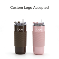Gobelet isotherme en acier inoxydable à double paroi avec logo personnalisé, manchon en silicone antidérapant, tasse à café de voyage avec couvercle à paille