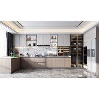 Meuble de cuisine modulaire autoportant moderne en bois, finition laquée mélaminée, étagères suspendues, charnières pour appartement