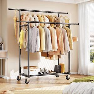 Porte-vêtements à double tringle sur roulettes, robuste, en métal, avec étagère inférieure pour rangement de chambre et placard - Product Image 5