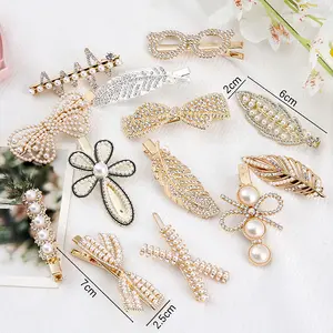 Pinzas para el pelo de perlas con lazo, accesorios para el cabello, plumas geométricas, cristal coreano, elegante, a la moda