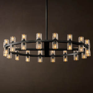 Lustre rond noir bronze de 48 pouces pour villa, style industriel américain, grandes suspensions LED en laiton et verre pour salon - Product Image 2