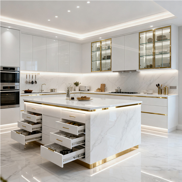 Custom  Factory Direct Luxury Large Luxury White Kitchen Cabinets with Island & Pantry Metal Wood Kitchen Cabinet Set