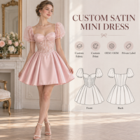 Robe Courte Femme Personnalisée en Satin et Tulle Broderie Florale Bordure Perles Manches Bouffantes Corsage Évasé pour Occasions Spéciales