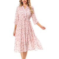 Nouvelle Arrivée 2026 – Robe Midi d'Été pour Femme, Douce et Vintage, à Imprimé Floral, en Mousseline Respirante, Col en V, Manches Mi-Longues à Volants, avec Cordon de Serrage