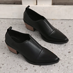 Chaussures plates à talon moyen de style britannique, grande taille, nouveau style automne, à talon épais, bout pointu, bouche profonde, en cuir pour femmes - Product Image 2