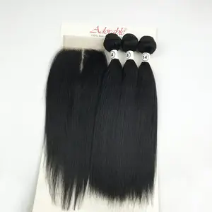 Natural Straight 3 bundles with a closure Silky Straight Virgin Human Hair Mixed Lengths Natural Color