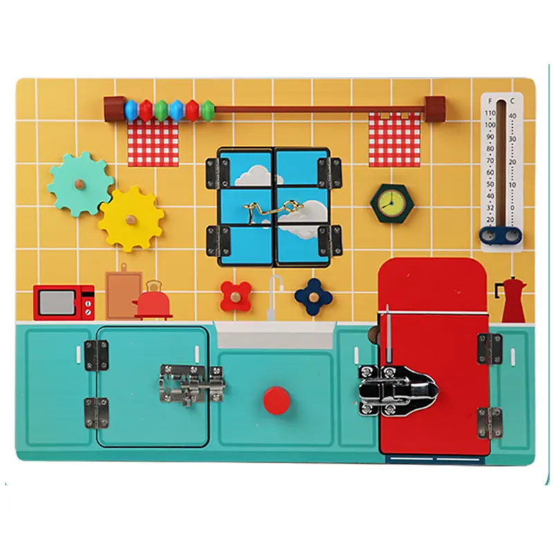 モンテッソーリおもちゃビジーボードキッチン子供用ビジーボードパズルロック解除おもちゃ木製可動ボードキッズ