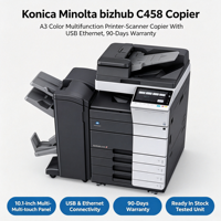 Photocopieur multifonction couleur A3 Konica Minolta Bizhub C458 reconditionné et entièrement testé |   Stock en gros, prêt à l'exportation, garantie de 90 jours