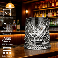 Lüks 9oz Şeffaf Kristal Elmas Tasarımlı Ağır Tabanlı Bar İçecekleri 360 Derece Dönen Kristal Viski Bardağı Scotch, Bourbon ve Kokteyl için