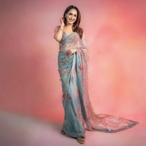 Sari Prayosha Enterprise en Georgette Bleu Rose Brodé avec Ensemble Blouse en Tulle Séchage Rapide Toutes Saisons pour Femme Fête Mariage - Product Image 1