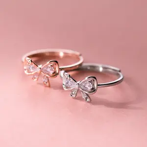 Rinntin GSR07 Crystal Bow Knot Rings 925 Sterling Silver For Women Sweet Up Cubic Zirconia Bow Knot Adjustable Finger Band