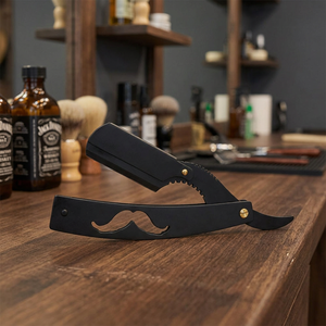 Foldable Straight <b>Razor</b> Handmade Shaving <b>Razor</b> Mustache Cutout Stainless Steel Blade Custom Handle Black Powder Body Face <b>Bikini</b> - Product Image 2