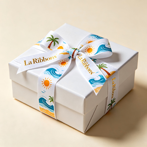 Ruban gros-grain avec logo estampé à chaud, motif plage, soleil et cocotier, pour boîte cadeau de vacances et décoration florale - Product Image 5