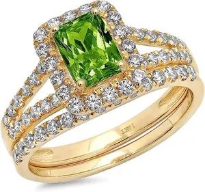 Emerald Round Cut Pave Halo Unique Solitaire Accent Genuine Flawless Natural Green Peridot Bridal Wedding Ring Band set