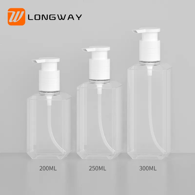 하이 퀄리티 200/250/300ml PET 샴푸 샤워 젤 펌프 병 플라스틱 스킨 케어 제품 포장은 커스터마이징을 허용합니다