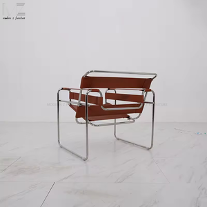 Ghế bành thiết kế giữa thế kỷ, khung thép không gỉ, ghế bành da trắng, ghế nghỉ ngơi, ghế trang trí bằng da bò - Product Image 4