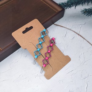2PCS New Retro Bowknot Turquoise <strong>Hair</strong> <strong>Clip</strong> <strong>Set</strong> - Pink &amp; Blue Geometric Pattern Inlay - Chic Western Style Bobby Pins for Women - Product Image 4