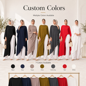 Set Musulmano in Due Pezzi Stile Turco con Logo Personalizzato, Abaya Irregolare Modesta e Pantaloni a Gamba Larga, Abbigliamento Islamico da Donna OEM - Product Image 3
