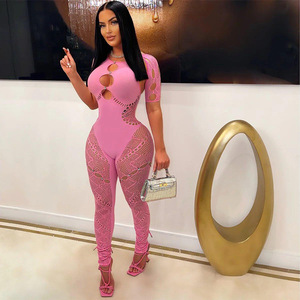 NN0026 Barboteuse une pièce avec strass Nouveauté 2024 Printemps Vêtements pour femmes See Through Mesh Sexy Bodycon Solid Jumpsuits Women - Product Image 2