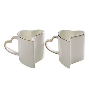 Gold Rim Bone China Pair Cup Taza de cerámica en forma de corazón pareja blanca taza de café juego de tazas para amantes