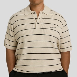 Men <b>Plus</b> <b>Size</b> Striped Knit Polo Shirt Short Sleeve Textured Collared Casual Relaxed Fit Summer <b>Sweater</b> Polo Top - Product Image 1