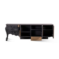 Buffet moderne rétro de 2,4 m, série Savannah, en bois de frêne sculpté à la main, avec panneaux en métal brossé bronze antique