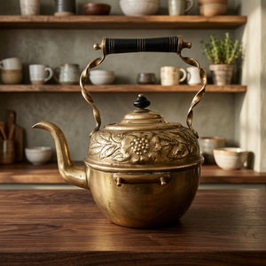 Bouilloire à thé vintage en laiton avec couvercle et poignée, design floral décoratif, pot à eau - Product Image 5