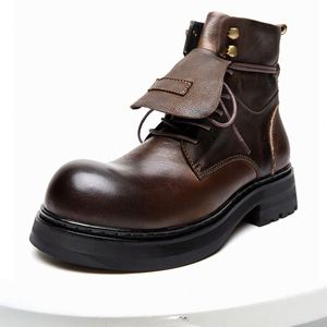 Chaussures décontractées rétro de style italien, bottes en cuir à tige haute, grande taille, à lacets, bout rond, antidérapantes, bottes d'automne qui augmentent la taille - Product Image 5