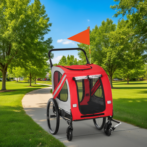 Remolque y cochecito para mascotas rojo con ruedas universales, reflectores y bandera de seguridad, transportín para mascotas de gran capacidad con cierre de cremallera y forro polar - Product Image 2