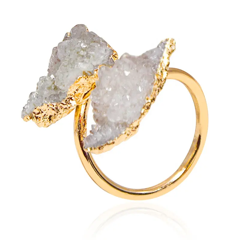 Irregular Druzy Stone Open Ring Golden Handmade Crystal Cluster Finger Jewelry Adjustable Size