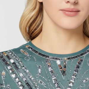 Robe de bal vintage élégante robe fourreau pleine longueur col rond paillettes perlées poly maille tissu brodé motif de fête décontractée - Product Image 1