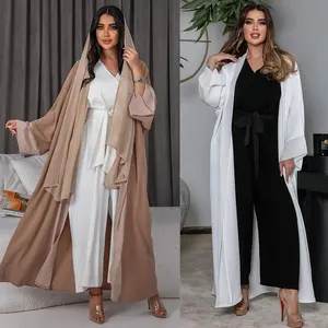 Ramadan 2 Piece Sets Open Abaya Dubai Turkey Kaftan Muslim Kimono Modest Satin Abaya Female Moroccan Caftan Islam Clothing