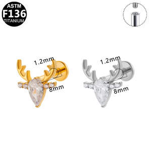 <b>Titanium</b> <b>Stud</b> Earrings Star Triangle Deer Head Design For Ear Cartilage Piercing Jewelry ASTM F136 <b>Titanium</b> - Product Image 5