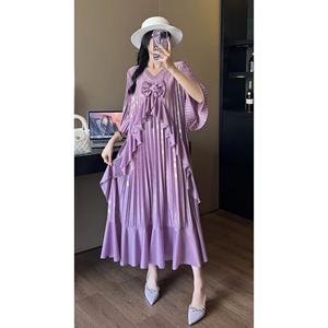 <span class=keywords><strong>Vestido</strong></span> Casual Elegante para Mujer, con Lazo Decorativo, Plisado, Corte en A, Cuello en V con Volantes, <span class=keywords><strong>Manga</strong></span> <span class=keywords><strong>Media</strong></span>, Largo <span class=keywords><strong>Midi</strong></span>, para Uso Diario - Product Image 2