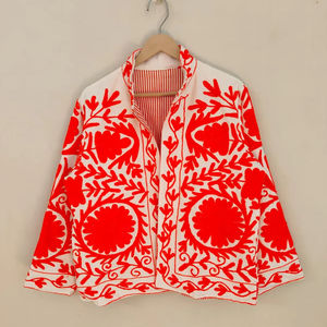Chaqueta Blanca con Bordado Suzani Naranja, Chaqueta Corta de Estilo Bohemio con Arte Floral Folclórico, Prenda Exterior Étnica Hecha a Mano - Product Image 1