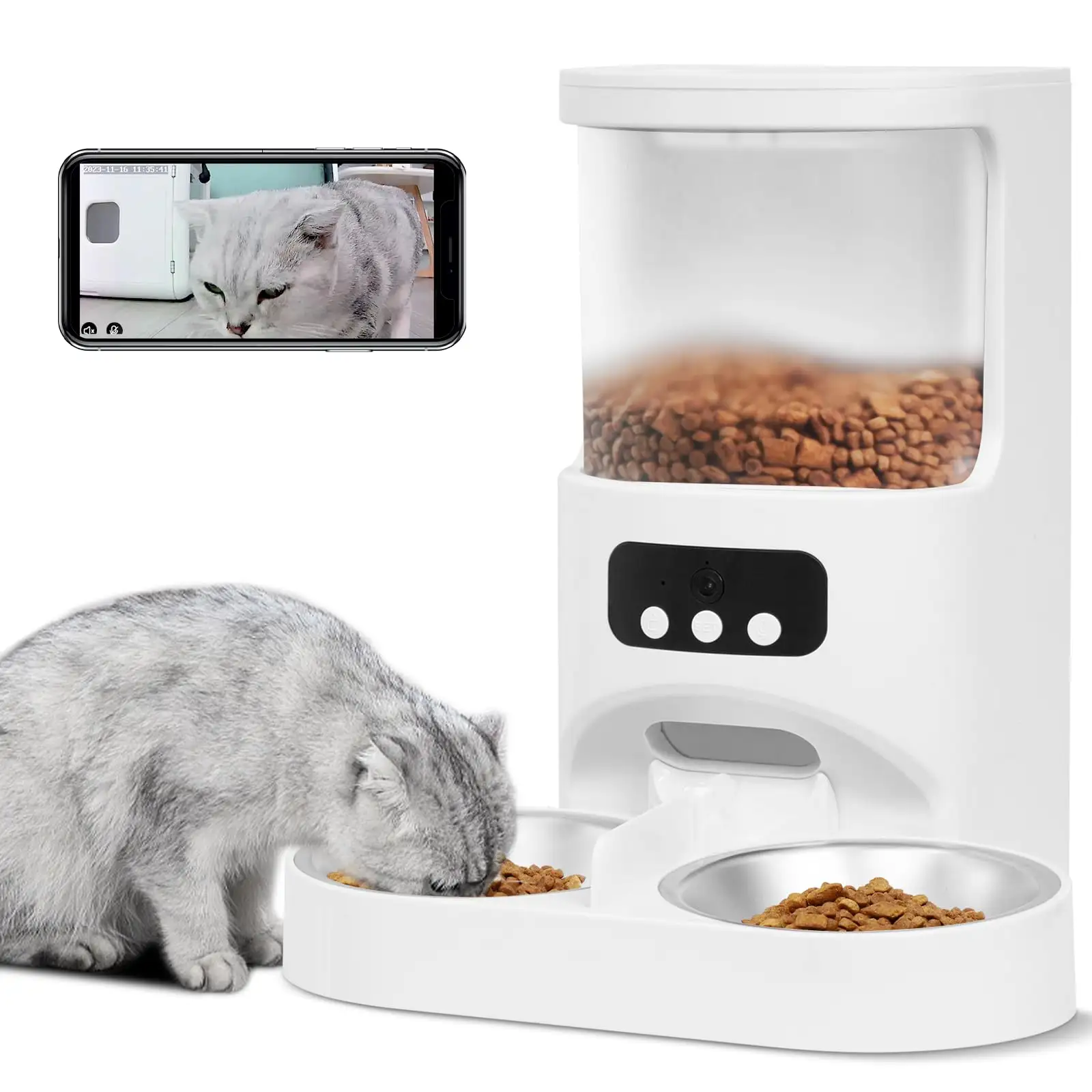 Mangkuk pemberi makan hewan peliharaan otomatis, Tempat makan anjing peliharaan dengan kamera wifi otomatis pintar hewan peliharaan dengan pengaturan waktu