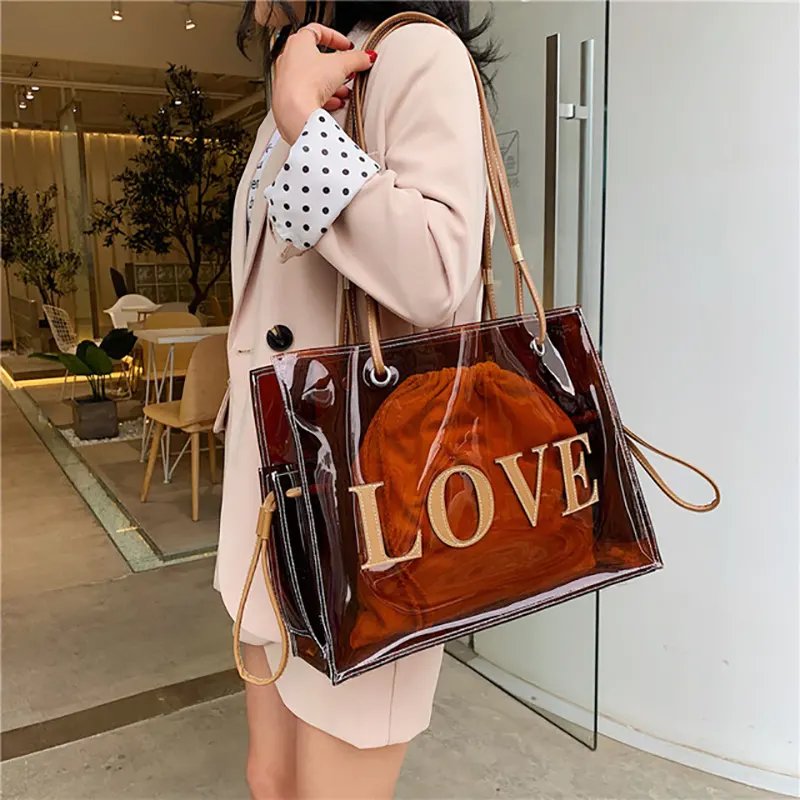 Big Bags Female Brown Transparent Women Jelly Bag PVC Plastic Shoulder Shopping 2020 Spring/Summer Beach Handbag