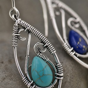boucles d'oreilles en lapis-lazuli, boucles d'oreilles vintage en turquoise, accessoires de bijouterie au design enroulé de fil d'argent - Product Image 4