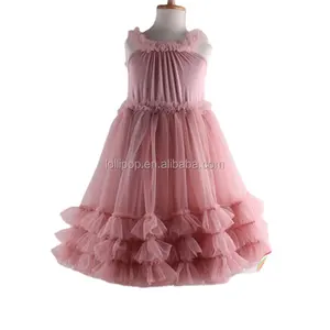 Dusty rosa plissado vestido de bebê, chiffon flor design bebê menina vestido de festa crianças design frocks