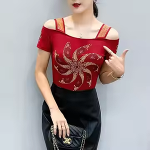 Shiny <strong>Rhinestone</strong> Off Shoulder <strong>Tops</strong> Windmill Pattern <strong>Mesh</strong> Tee <strong>Tops</strong> Nightclub Short Sleeve Shirts for Women - Product Image 3