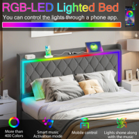 Tempat Tidur Penyimpanan Hidrolik Berlapis Beludru Grey Diamond Tuft dengan Headboard LED RGB yang Dapat Dikontrol via Aplikasi dan Stasiun Pengisian Daya USB Type C