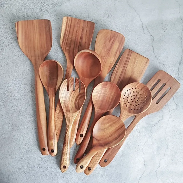 Wooden Kitchen Utensils Set Non-stick Pan Gift Wooden Spoons for Cooking Utensils Natural Teak Wooden Spoons