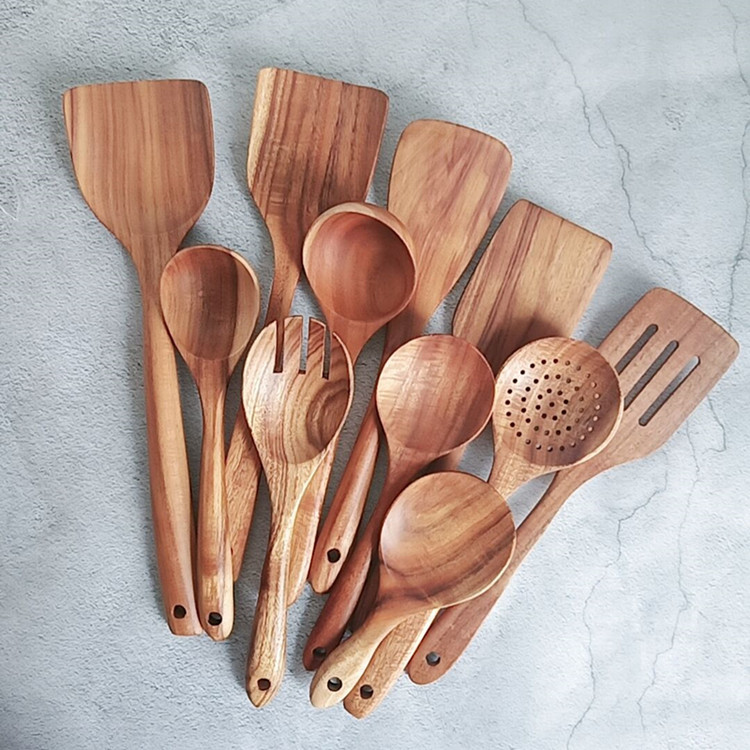 Wooden Kitchen Utensils Set Non-stick Pan Gift Wooden Spoons for Cooking Utensils Natural Teak Wooden Spoons