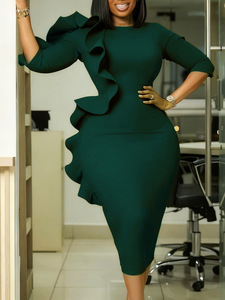 Vestido Midi Elegante Estilo 2025 para Mujer, Color Sólido Africano, Ajustado al Cuerpo, con Cierre de Cremallera en el Cuello y Manga Tres Cuartos, para Fiestas y Eventos Nocturnos - Product Image 3