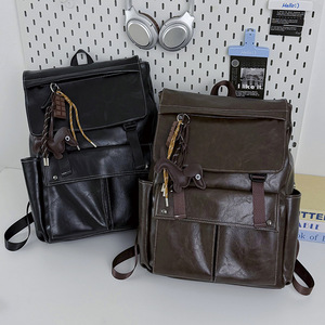 Laptop <b>Backpack</b> Pu Soft Leather Unisex <b>Large</b> Capacity 13 Inches Business Travel Commuter Bag Solid Color Youth Style - Product Image 4