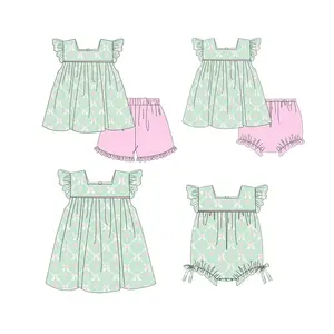 Baby girls green floral clothing matching outfits kids Wholesale boutique high quality toddler summer short sleeves sets