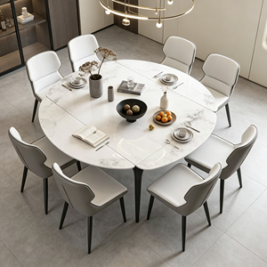 Ensemble de table à manger ronde moderne en marbre avec pieds en métal, capacité de 8 personnes, design minimaliste extensible, meubles pour la maison - Product Image 1