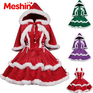 Meshin Girls Christmas Dress With Hooded Cloak Red Green Purple Victorian Style Costume Dress For Children Holiday Wear - Product Image 1