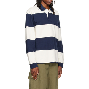 Polo de Manga Larga a Rayas para Hombre, de Algodón, con Cuello Abotonado, Estilo Casual para Primavera, Color Blanco y Azul Marino con Bloques de Color - Product Image 1